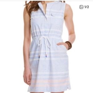 Vineyard Vines Blue Striped Pocket Drawstring Button Up Sleeveless Dress Size 14